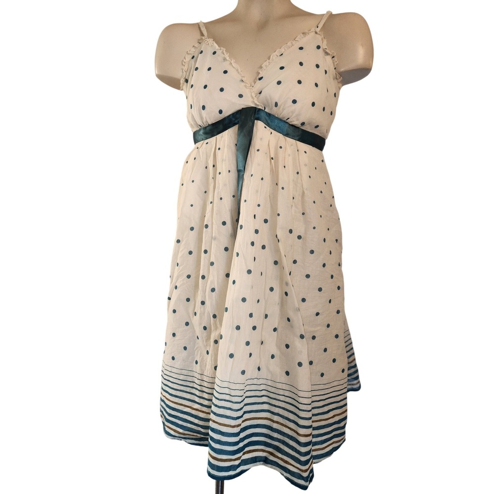 Alexis Rose White Blue Polka Dot Striped Empire Waist Sun Dress Size 8